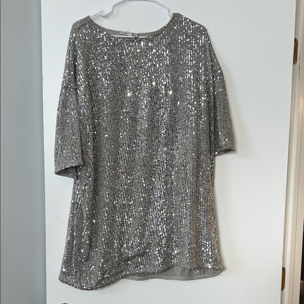 Silver Sequin Short-Sleeve Women's Top